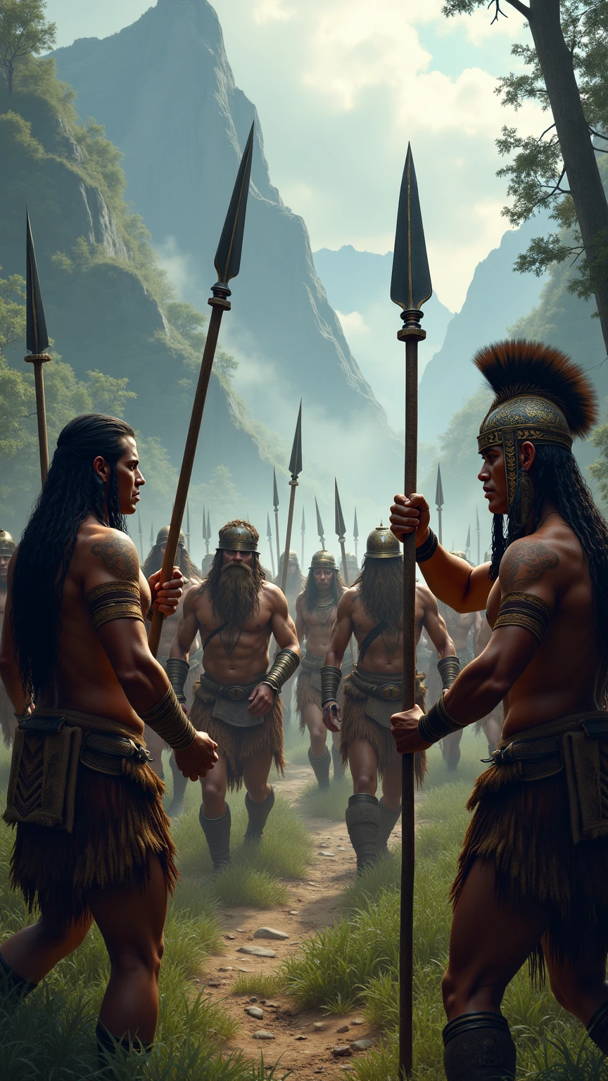 Generates a landscape where a war is taking place But the soldiers' weapons are bows, Bones, palos , and in the background there are abandoned buildings