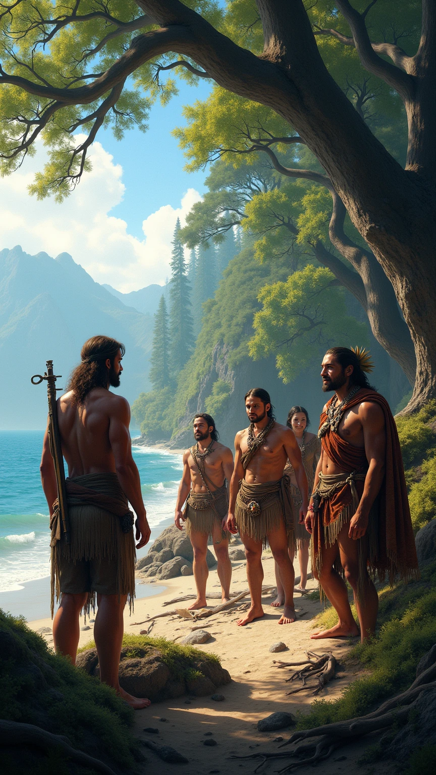 Indigenous leaders against several Europeans approach for a first meeting. The expressions are mixed, ranging from curiosity to distrust.