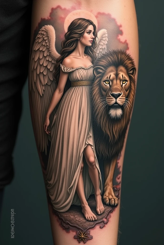 Create a tattoo where the main idea is a guardian angel and a lion for a man's arm from the shoulder to the wrist and fill the rest with Adam's eye