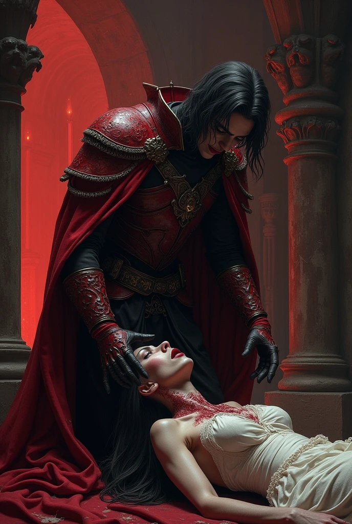 A man, long black hair, red eyes, fair skin, thin body, in a cage, bound, chained, desperate expression, Blood, bright environment