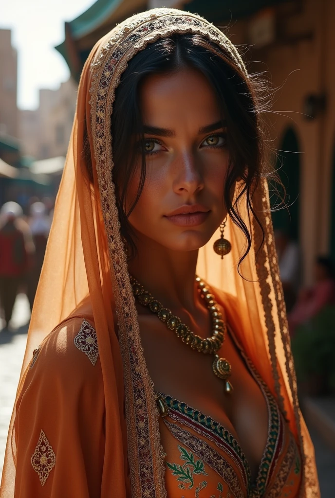 Moroccan girl, Brunnete, (Traditional respectful covered dress), (very loose head scarf showing curly hair), (Morrocan souk environment), masterpiece, best quality, highly detailed, (Beautiful and detailed eyes beautiful and detailed face), (Best Quality), (ultra-detailed), (masterpiece), (high resolution), (Original), ultra-realistic.