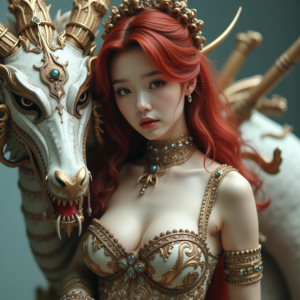 (masterpiece, high quality, highres, highest image quality), (elf), (zentangle: 1.2), 1girl, classic, noble, princess, negative space, Tyndall effect, light background, [(white background: 1.3): :5], bare shoulders, bare feet, bare back, shiny skin, long shiny hair, fair skin, red hair, red eyes