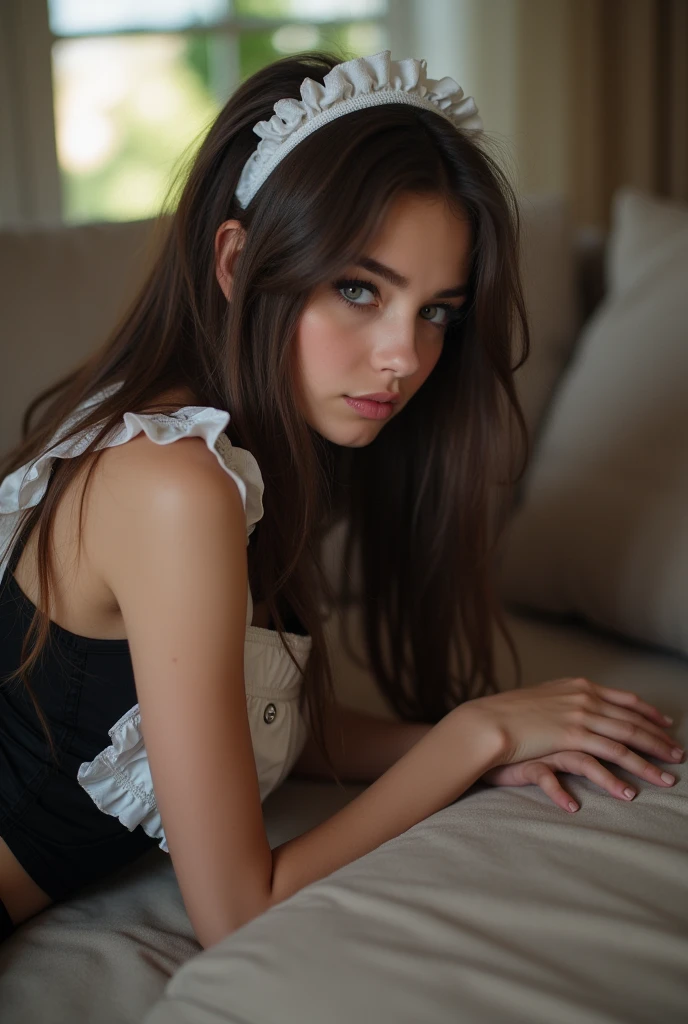 Ell4JoTI,(french maid outfit,fainting couch:1.2),cross-legged,style by Dan Winters,RAW photography,film grain,photo taken with a Bolex H16,RAW,color graded portra 400 film,remarkable color,realistic dull skin noise,analog style,highest quality,skin pores,sharp focus,dappled lighting,film grain,photographed on a Sony A7R IV,18mm F/1.7 cine lens