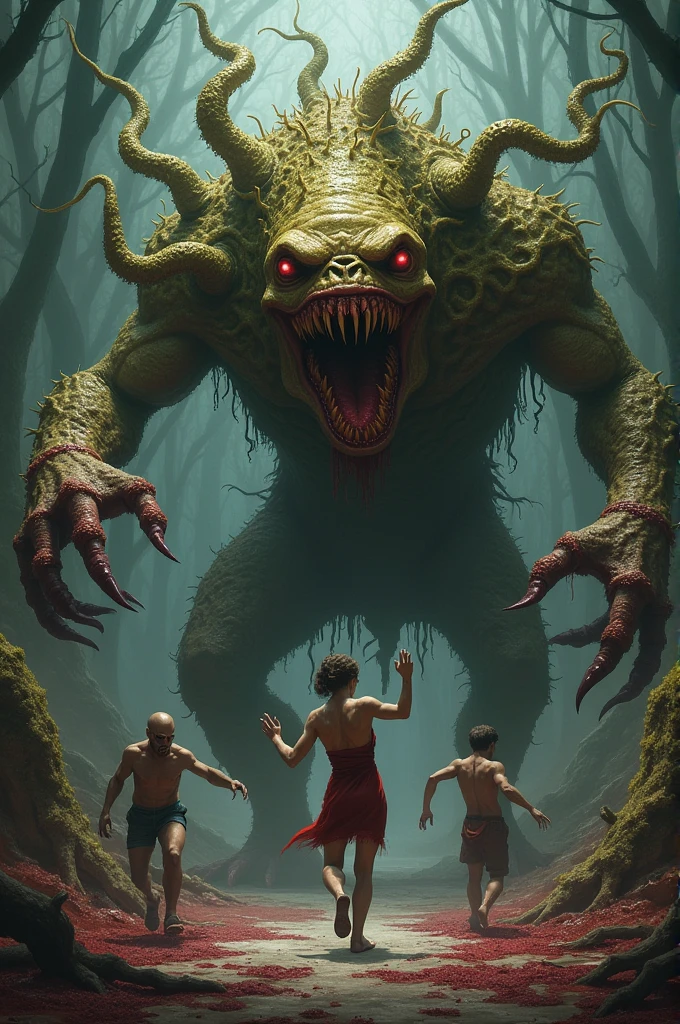 A giant carnivorous plant in the middle of a forest, full of thorns and with their roots, attacking the men near her