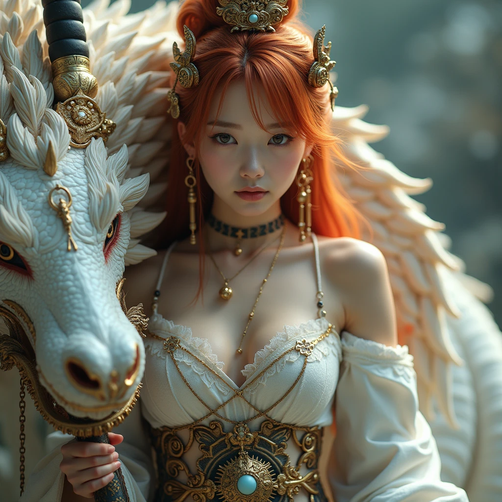 (heavy breasts)、top-quality、masterpiece、超A high resolution、(metal white dragon armor)、(((Colossal tits))),dragon armor、(((Detailed Micro Bikini))),(Wear a beautiful crown made of intricate gemstones),(Photorealsitic:1.4)、Raw photo、1 girl、(((Random hair))、(((Take different poses)))、glowy skin、(((Chinese Dragon)))、Intricate and ornate hair ornaments、(Gorgeous Jewelry Necklaceystical expression)、(Full Body Angle)、((Light red hair)),(Fight big dragonetal metal bikini)、(((Sahara desert background)))、Precipitous cliffs)、((super realistic details))、portlate、globalillumination、(sexypose)、Shadow、octan render、8K、ultrasharp、Colossal 、Raw skin is exposed in cleavage、metals、Details of complex ornaments、Japan details、highly intricate detail、Realistic light、CGSoation Trends、Blue eyes、radiant eyes、Facing the camera、Toostock、(Full Body Angle)、(veils)、(((desert background)))、highcontrast、