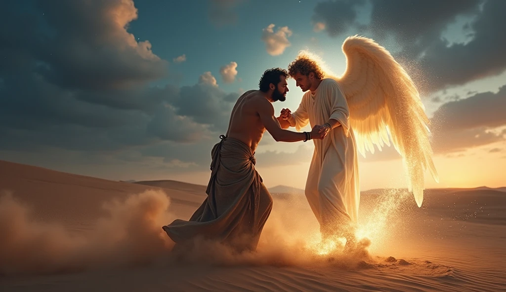 Man in the desert fighting with an angel
