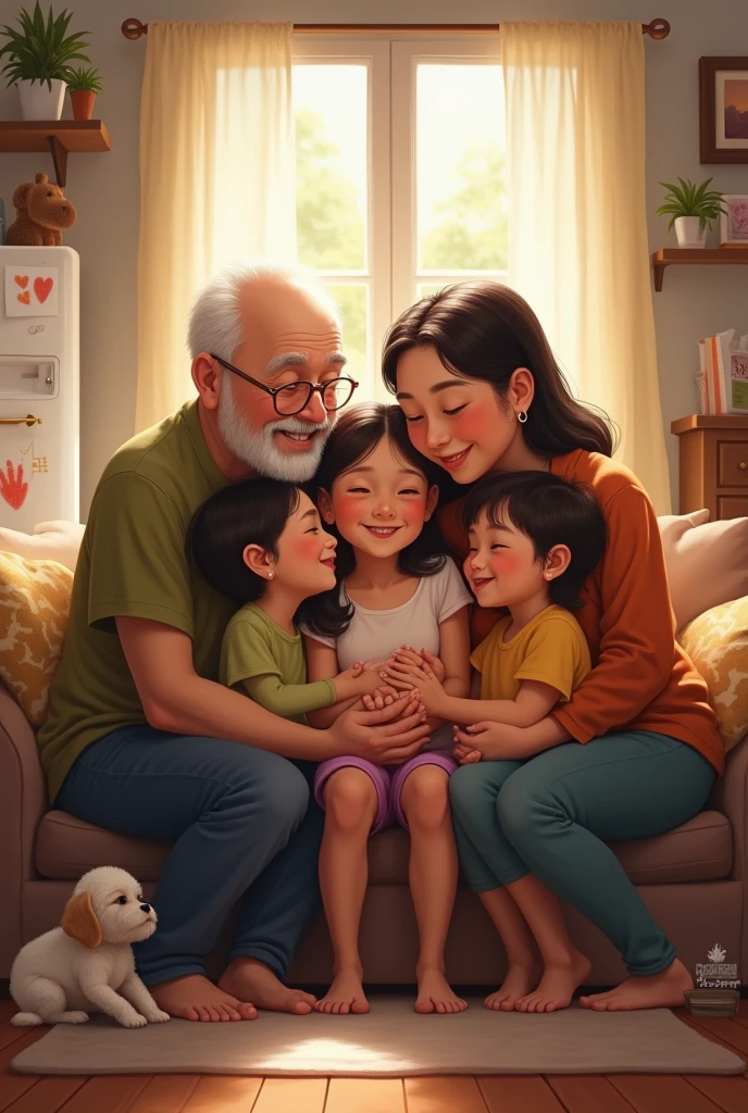 I need an image of a family of four people, dad, mom, two children living in a room crowded together
