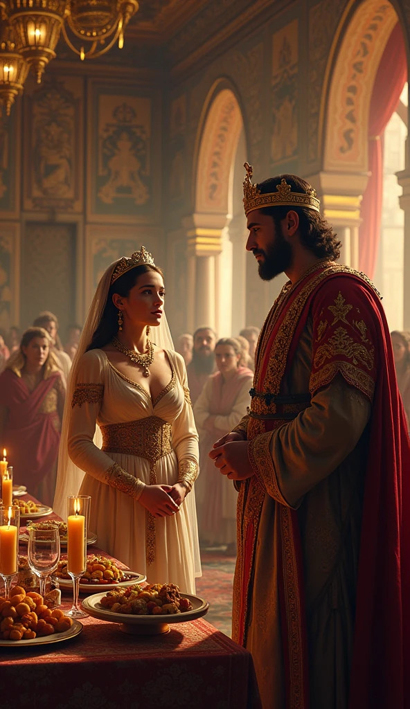 Scene of a banquet , queen Esther speaking with the Persian king ...