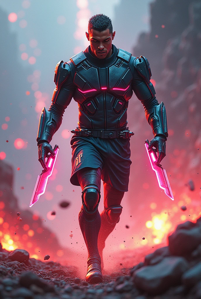 A bodybuilder man standing in a mountain at night with holding a Sky blue colour dimond shape AKM gun and red and yellow colour neon light at background and glowing his eyes in red colour