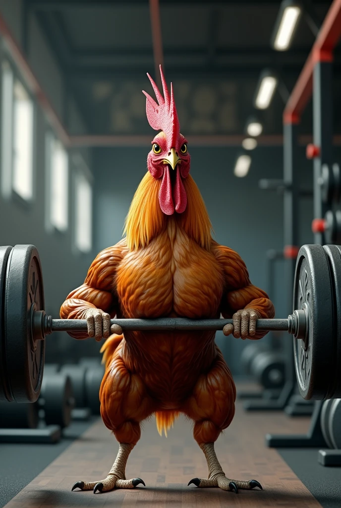 image of a rooster in prison clothes, with tattoos, doing exercises by lifting weights in prison