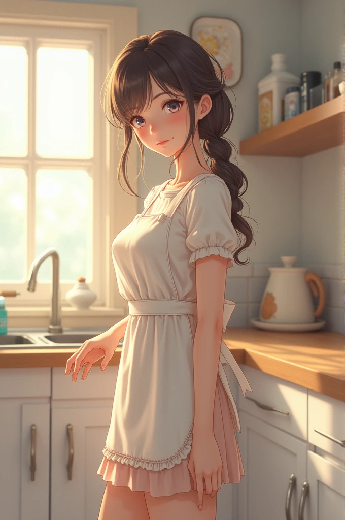 an attractive 25 year old woman in housewife clothes in an anime style kitchen