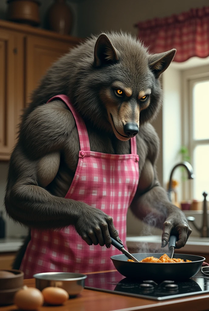 wolf, male, all body, sweating, semen, realistic,  (full nude, only Clear vinyl apron, relaxing penis, cooking, )