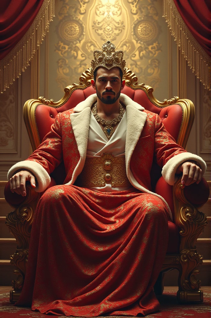 full body, handsome very muscular young bodybuilded white King of Antartica, short light-brown hair, ice-blue eyes, square jaw, wearing diamond crown, white fur coat,white leather pants, dozens of diamond rings, necklaces, bracelets, earings, white sheer glittering socks, No Shoes, arrogantly sprawled on throne in his socks, looking boring, large view on throne room looking like a luxuriously decorated ice cave, behind view of Antarctic under sun, a few penguins can be seen