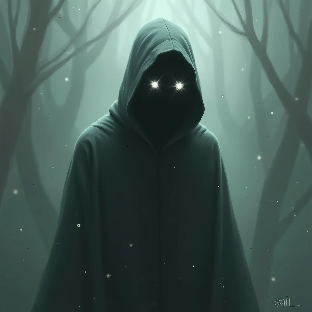 black hair, Man, Red eyes, Long hood,Dark background, Forest in the background, horror, necromancer, masterpiece, a high resolution, Realistic anatomy, Cursed Power,