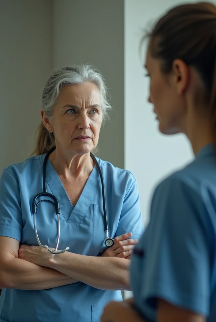 Two 60-year-old nurses, Women, one is wearing glasses and has short dark hair wearing old nursing clothes, the other with short curly light hair wearing nursing clothes, looking at younger nurses


