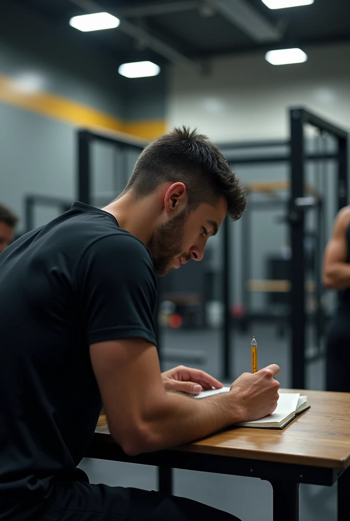 man studying for a competitive exam, offwhite, with an angry face, low hair and with a study-related background for a muscular competition and looking forward with a skull face, with black shirt