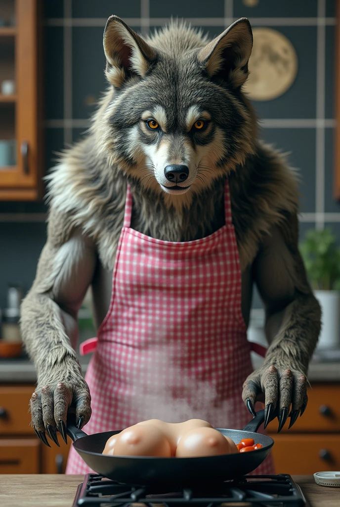 Werewolf cooking in kitchen, pink ギンガムチェック apron , mini figure idol girl with massive breasts in smoked フライパン, background moon graphics on wall, realistic style,