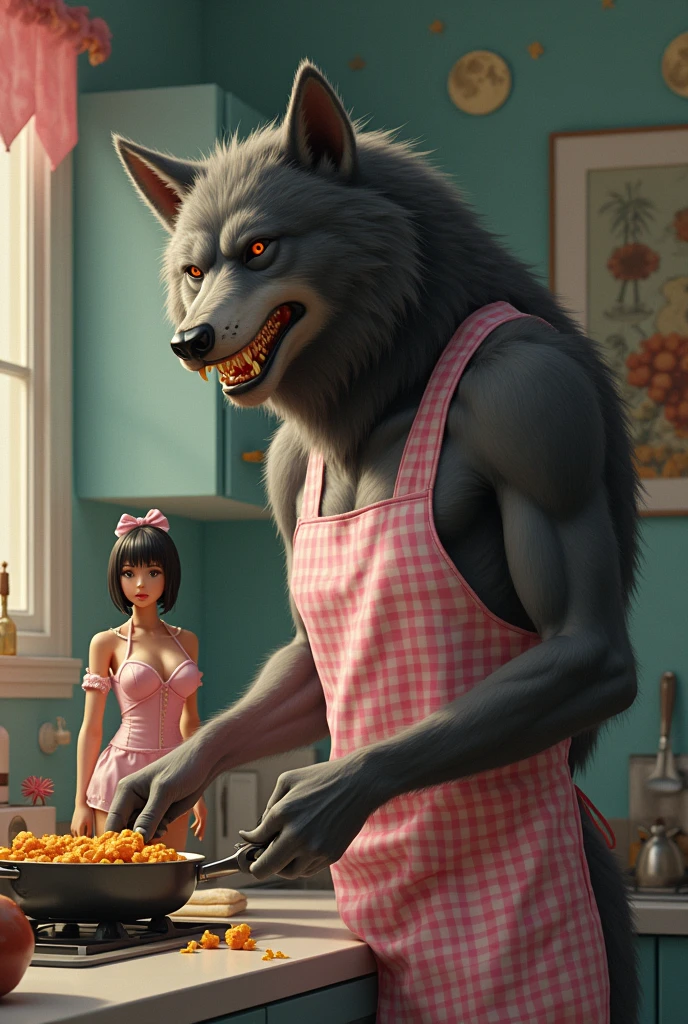 Gold fangs Werewolf cooking in kitchen, pink ギンガムチェック apron , mini figure idol girl with massive breasts in smoked フライパン, background moon graphics on wall, realistic style,