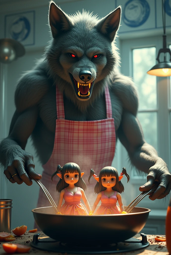 Gold fangs Werewolf cooking in kitchen, pink ギンガムチェック apron , mini figure idol girl with massive breasts in smoked フライパン, twin tail idol girl figure on フライパン  , background moon graphics on wall, realistic style,