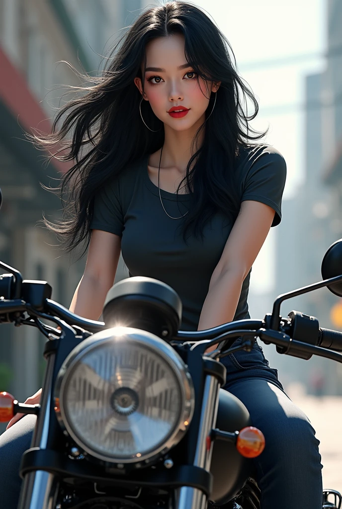oppai teen, manejando una moto deportiva debajo de la pouring rain, long black hair blown by the wind, black sunglasses, he's gris, black boots, pouring rain, realistic image