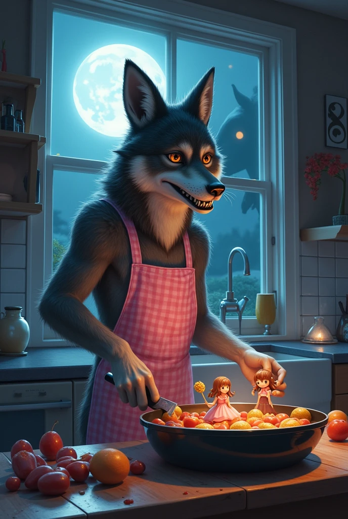 Gold fangs Werewolf cooking in kitchen, pink ギンガムチェック apron , mini figure idol girl with massive breasts in smoked フライパン, twin tail idol girl figure on フライパン  , background moon graphics on wall, realistic style, gigantic horse in out of window,