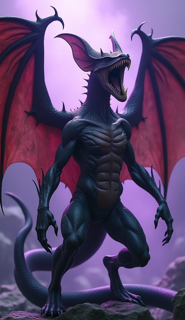 ridley, scalie, male anthro, dragon boy, standing, portrait, tranquil, solo, (best quality), (dark video game background:1.2), dramatic lighting, (detailed scales:1.1), looking at viewer, tail, teeth, (wings:1.2), <lora:ridley-v1-locon:1>