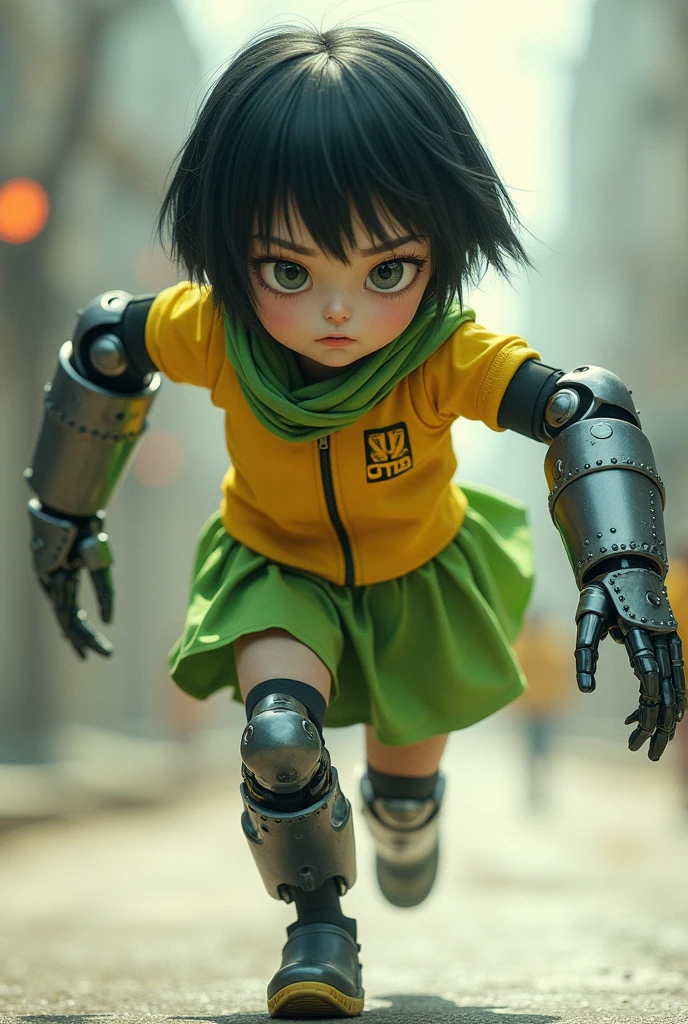 13 year old girl short stature, short black hair, with big metal gloves, green and yellow clothes, Realistic style, white eyes 
