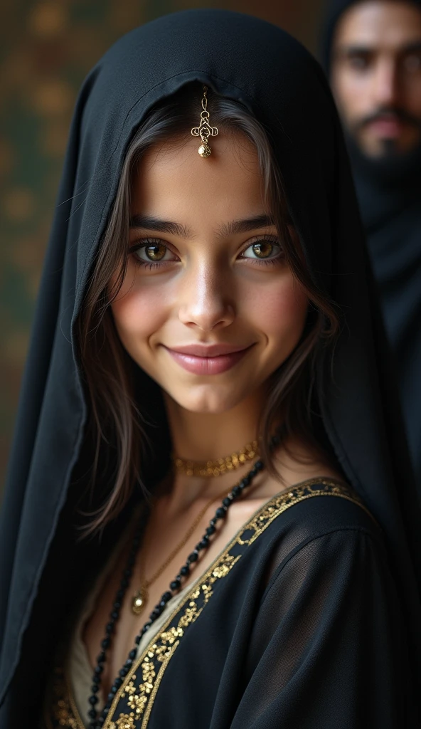 Beautiful, cute baby Face, russian lolita Girl, blue eyes, wearing hijab and sexy Abaya dress, Rounded big Breast, slightly Chubby, luxury necklace, White Skin, Smiling, Dark City Background, mid shot, upper body, Perfect Potrait, Bokeh Effect, Look at Viewer, Armpit, Perfect Eye, Perfect Hand, Perfect Red Fingers, Bracelet, Ring, big breast, ((adorable:1.2)), ((masterpiece:1.1)), ((bokeh:1.2)),