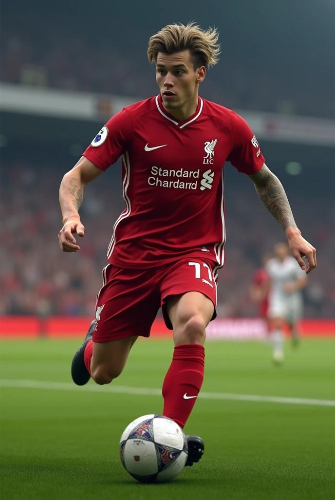 Make me a picture of a player called Santiago Fuentes, that he wears the Liverpool uniform that he has white hair, that is white of skin, that he is a left winger and wears number 10, and carry the ball on his foot in the middle of the field