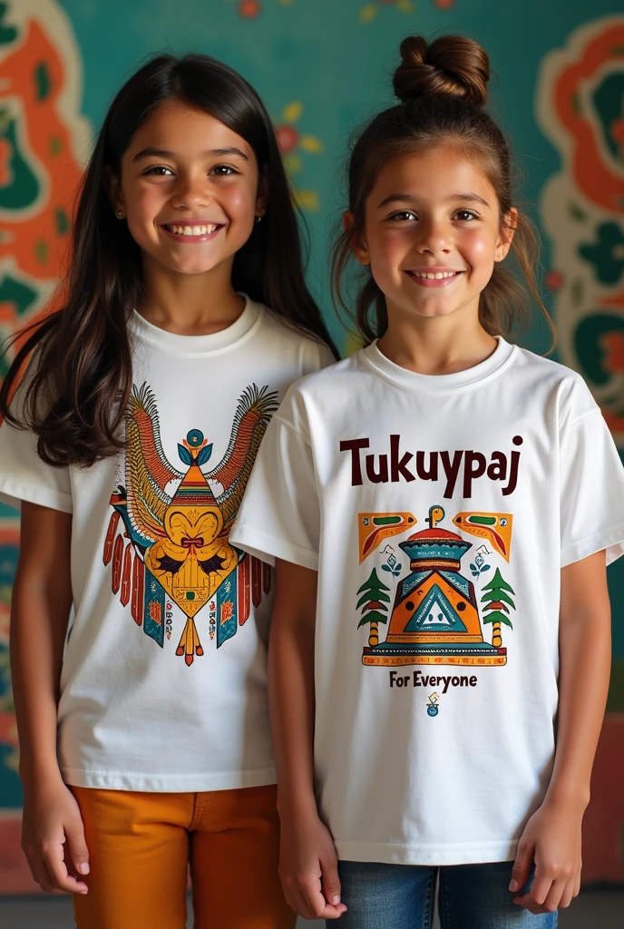 A long-sleeved T-shirt with a white base color and adding the Lime Green color, Bubblegum Pink and Purple that says Tinku Khunpa small on the right side and that have things that represent Bolivia