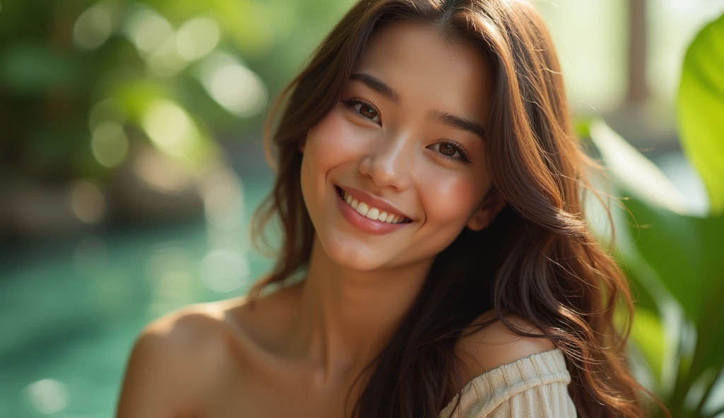 Hyper-realistic attractive woman with long brown hair, wearing modern casual clothes, smiling warmly, in paradise and soft lighting, Octane rendering, ray tracing, depth of field, super details."