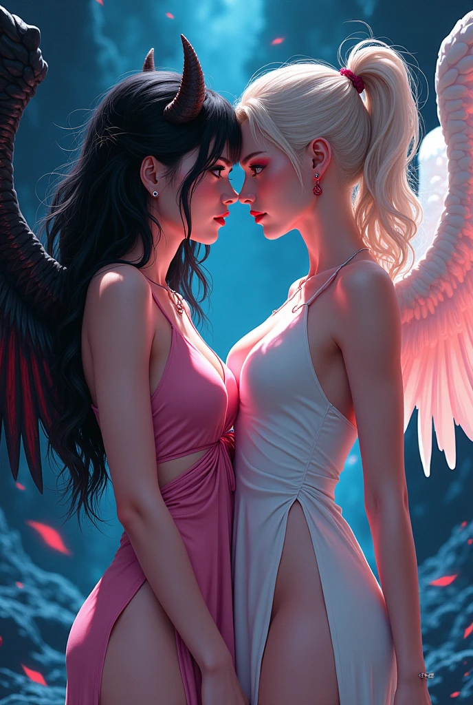Anime a horned demon women kissing an angel girl