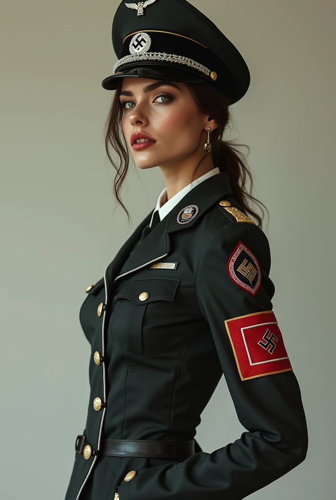 beautiful ((similing)) aragrevaifos posing in (dynamic pose) as a worls war 2 diesel punk army officer, black leather german uniform, wearing leather army hat, photo referenced, highest quality, high quality, (detailed face and eyes), dusk lighting,, strong makeup, industrial, outdoor snow forest background <lora:Sofia_Vergara_aragrevaifos_v1_1:0.9> ((close up))