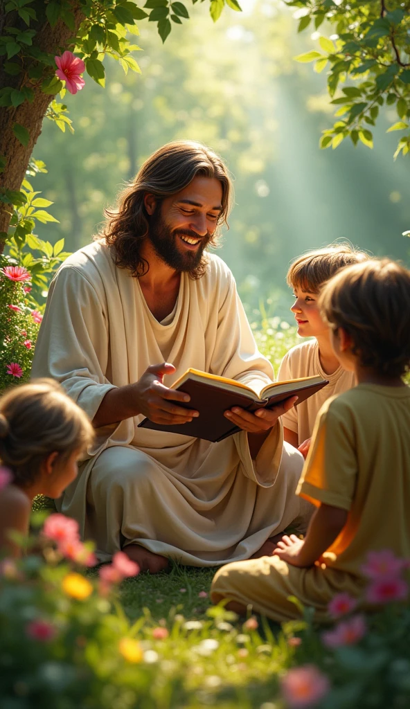  Jesus Christ reading the Book of Mormon to 6 children, in the form of a Disney drawing 