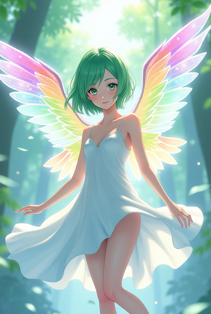 short flowing hair she has heterochromatic eyes, with light blue eyes. Draw a upper class young woman with slanted eyes in anime style hovering by her wings