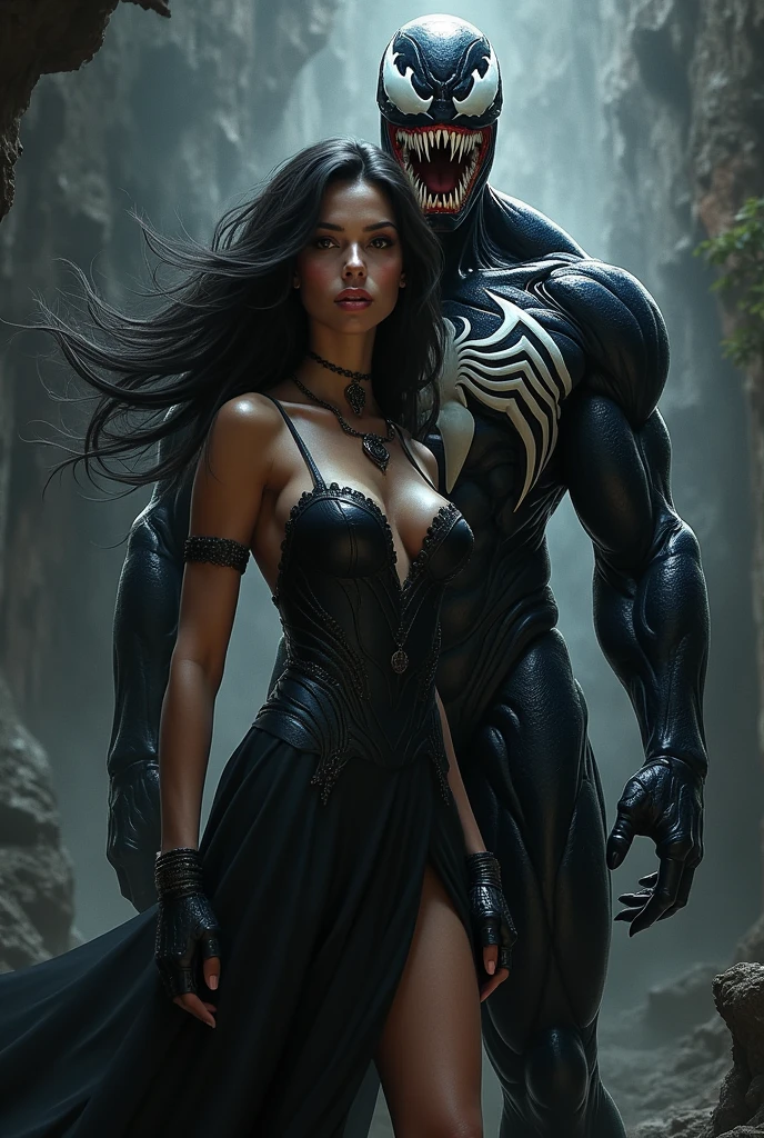 a woman, big cleavage busty, in a pink dress standing next to a monster, venomized, venom fangs, symbiote, giga chad, emma watson as giant man, female superhero proportions, accurate fictional proportions, size difference, venomfang, venom symbiote, giga chad capaybara, venom, incredibly strong and tall, venomize, my dress-up darling