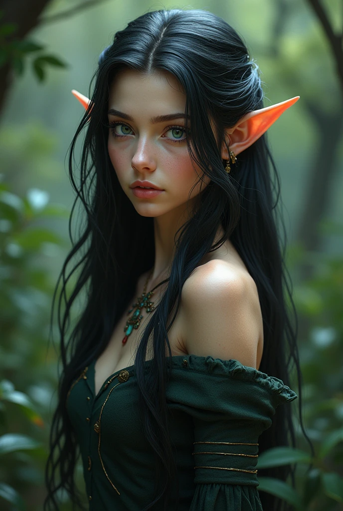elf woman, beautiful, with long, straight black hair, dark-skinned.