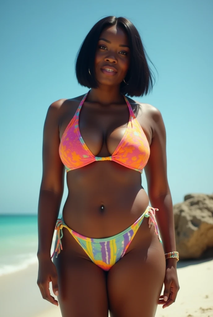 Dominican curly hair burgundy hair colored to woman, mature, 60-year-old in a bikini floral, standing tall at a beach we had a