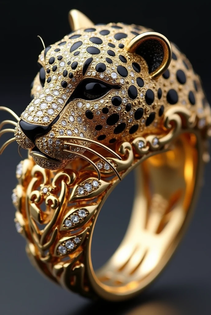 This exquisite luxury piece is a women's ring featuring an intricately detailed leopard head design. The piece appears to be crafted from yellow gold with intricate filigree work throughout. The leopard's face is studded with diamonds to create a pavé effect and features accents of black enamel or onyx for spots and detail. The eyes are particularly striking with what appear to be cabochon gemstones, giving them a lifelike appearance.
The band of the ring continues the ornate design with an openwork pattern of swirling leaves and vines, all encrusted with diamonds. The craftsmanship is remarkable, demonstrating exceptional attention to detail in how the metalwork creates both structure and movement. The leopard's whiskers are delicately rendered in gold, adding a realistic yet artistic touch.
This piece is an example of high jewellery, combining naturalistic designs with precious materials in a way that is both dramatic and elegant. The photograph beautifully conveys the volume of the piece, showing how the light plays on different textures and surfaces.