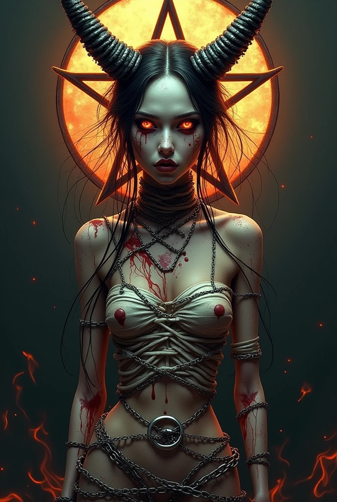 Pale girl, sexy, mostly naked, barefoot, long black hair, red eyes, with skull mask, posing, over giant worm, white, lot of fangs