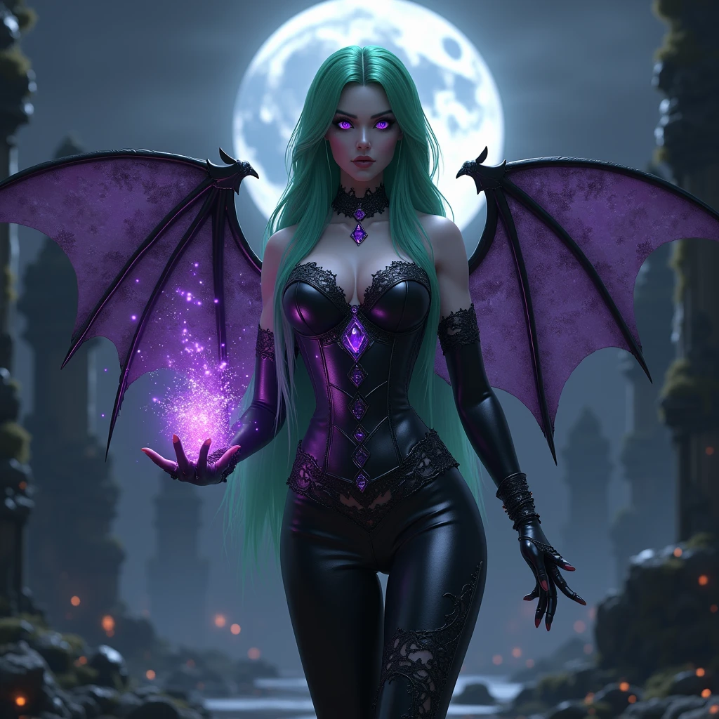 (photorealism:1.2), A detailed image of a woman resembling Margot Robbie in cosplay as Morrigan from "Darkstalkers." She is wearing Morrigan’s iconic dark, revealing outfit with a corset-style top, thigh-high boots, and long gloves, all in a deep black and purple colour scheme. The outfit is accented with bat-like wings emerging from her back and smaller ones from her head, blending seamlessly into her flowing green hair that cascades down her shoulders. Her expression is seductive yet commanding, capturing Morrigan's alluring and powerful presence. The background is a gothic castle interior, with stone walls, flickering torches, and a large, ornate window casting moonlight into the room, creating a dark and mysterious atmosphere. The lighting highlights the textures of her outfit and the iridescent glow of her wings, with shadows adding depth to the scene. The overall aesthetic is a mix of realism and fantasy, perfectly embodying the "Darkstalkers" theme.