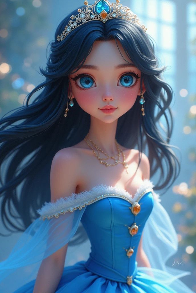 A cute princess with black hair and blue eyes in a cropped blue dress