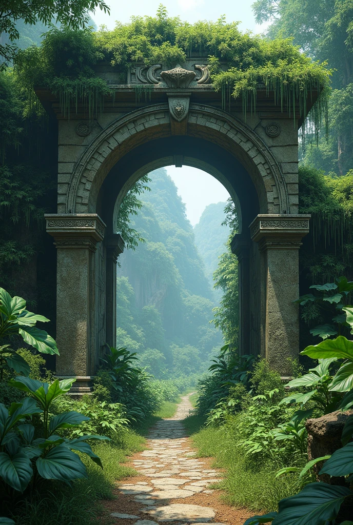 Ancient stone archway in a lush jungle covered in green vines and moss 