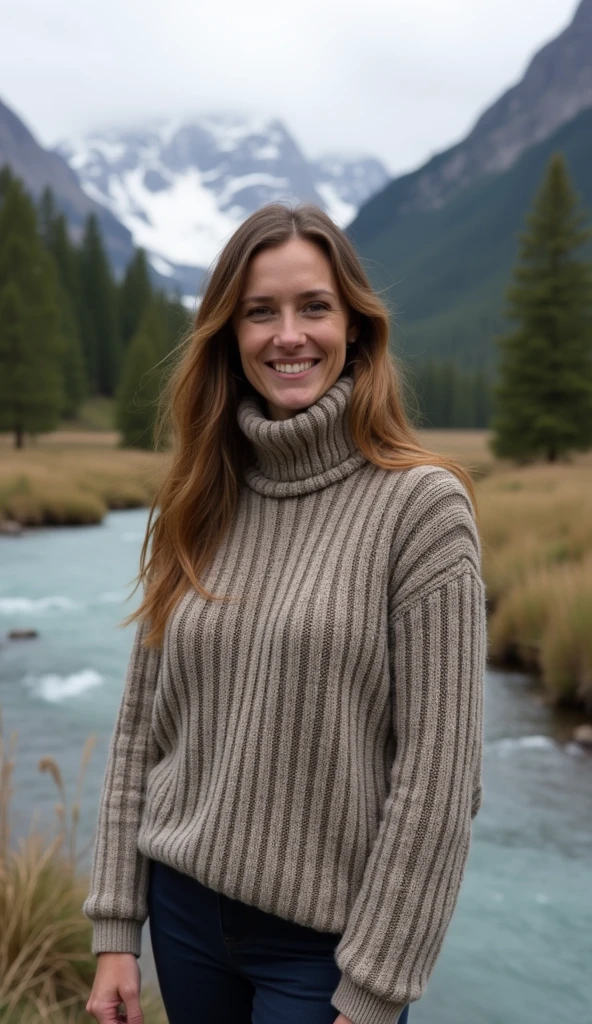 (masterpiece RAW photography, beautiful, best quality:1.4), 1woman, ultra-detailed, solo, outdoors, mountains, nature, evening:1,3, cheerful, happy, backpack, wool hat, forest, rocks, river, wood, smoke, shadows, high contrast, clear sky, analog style, (looks at viewer:1.2), (skin texture:1.3), (film grain:1.3), (warm hue, warm tone, warm light:1.5), (close-up:1.1), cinematic light, sidelighting, ultra high res, best shadow, RAW, upper body, (wearing pullover:1.3)