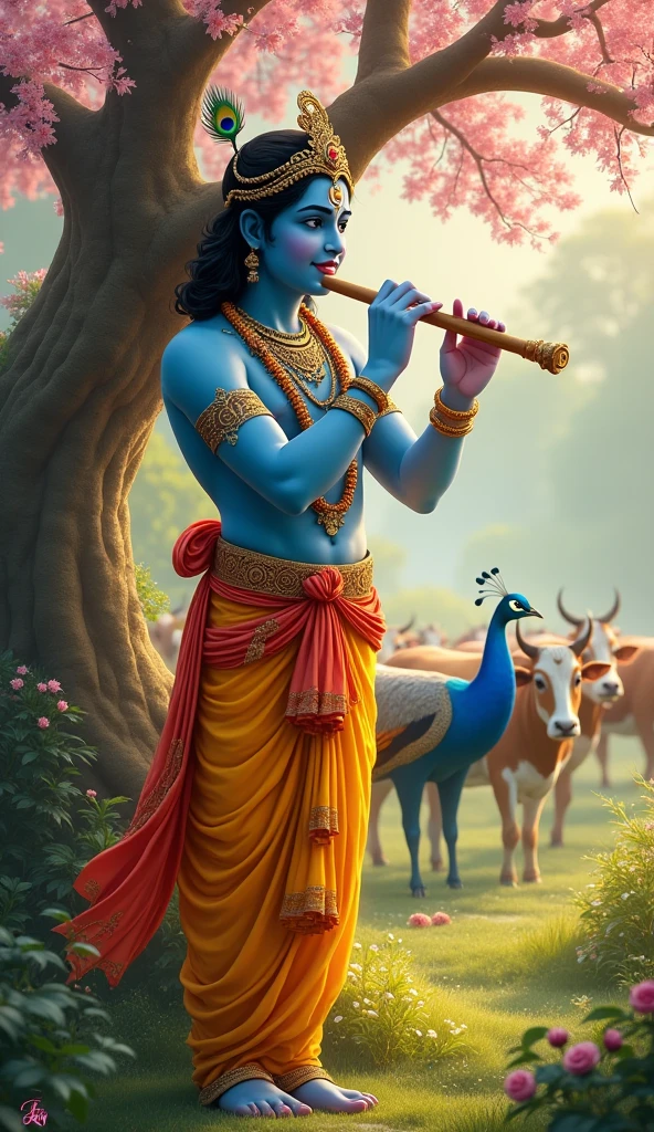 Create an image of Lord Krishna standing majestically in the beautiful landscapes of Vrindavan, his traditional abode. He is depicted as a youthful deity with dark blue skin, wearing a golden dhoti and adorned with jewelry and a crown made of peacock feathers. His expression is serene and joyful as he plays his flute. Around him are lush green fields, flowering trees, and a tranquil river flowing gently in the background. Cows graze peacefully nearby, and colorful birds fly around. The atmosphere is vibrant with the essence of devotion and divinity, capturing the essence of Vrindavan as a place of peace and spiritual energy.