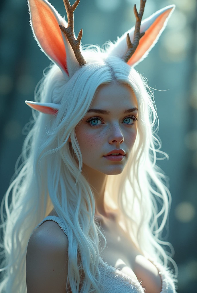 A woman with rabbit ears made of hair