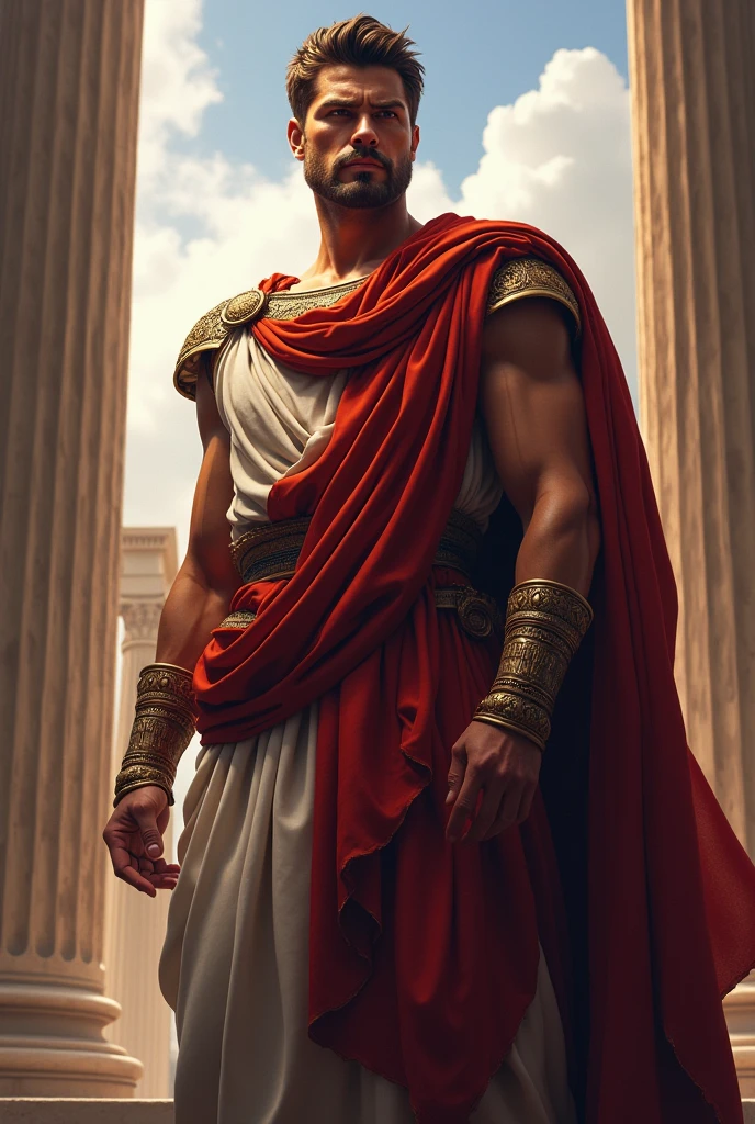 ((artwork)) ((body completo)) ((Full body inside the image)) ((30 year old man)) body: brownish skin, high, muscular, ((body hair)) ((platinum ruby hair)) male face, barbarian, pretty eyes, detailed eyes ((gold eyes)). Expression: seductive, sonrisa seductive. CLOTHES: Red Greek Cape, TOGA BLANCA, gold ornaments, greek prince ornaments. pose: dynamic. scene: greek temple, Greek columns. Decor: winter, Decor de winter brillante, wonderful lighting.