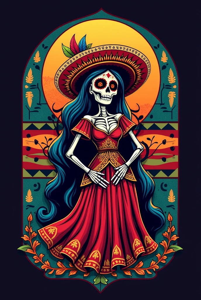 japanese necromancer in mexican folk outfit, vector graphics, strong contours