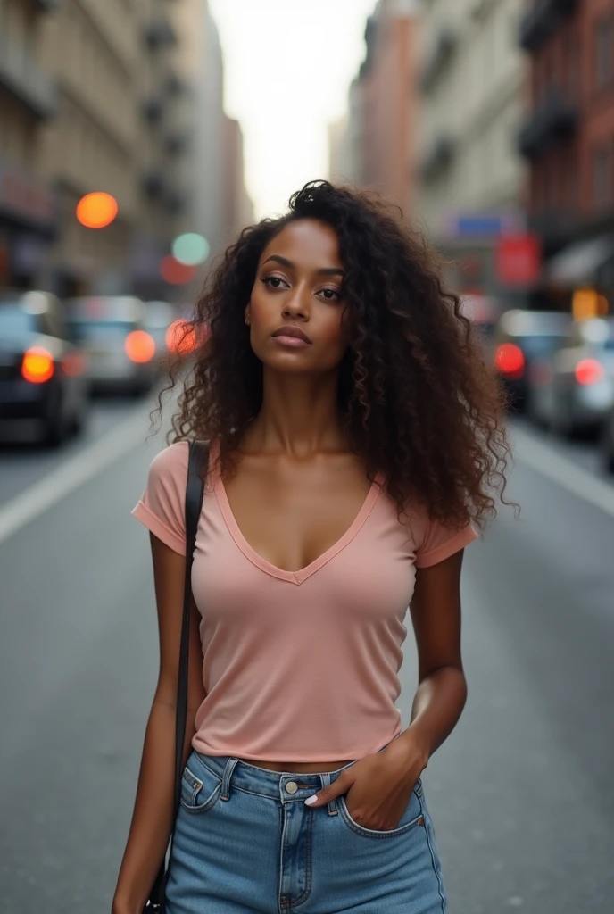 cinematic photo of slim 18yo black girl, waiting in a busy street, bokeh