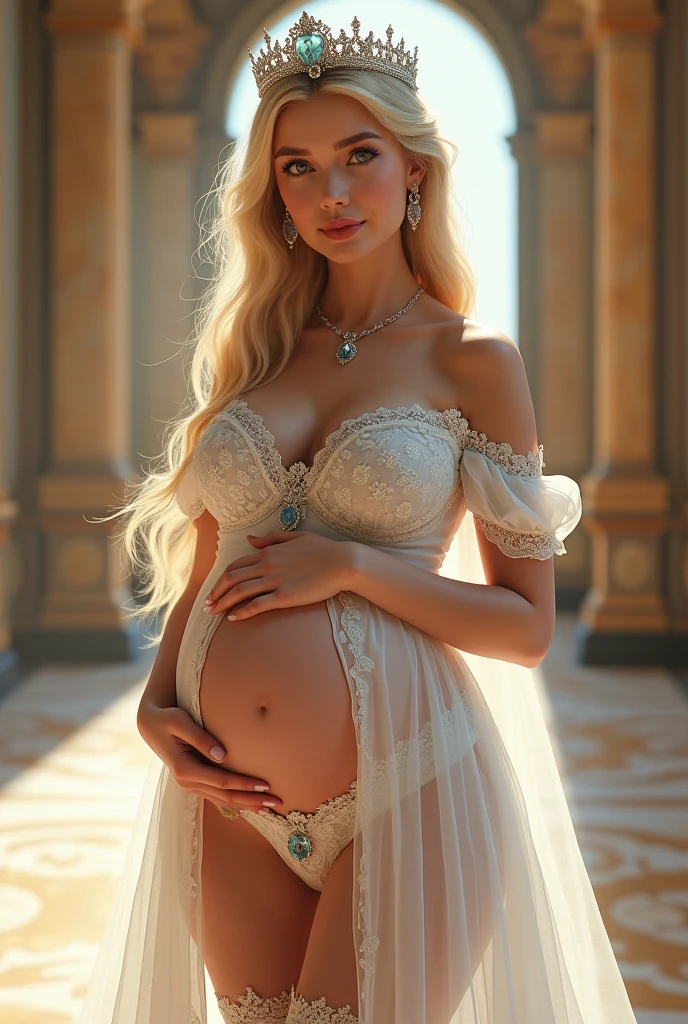 Sexy pregnant queen, long blonde hair, formal elegant and ornate wedding dress, Tiara, cleavage, white skin
